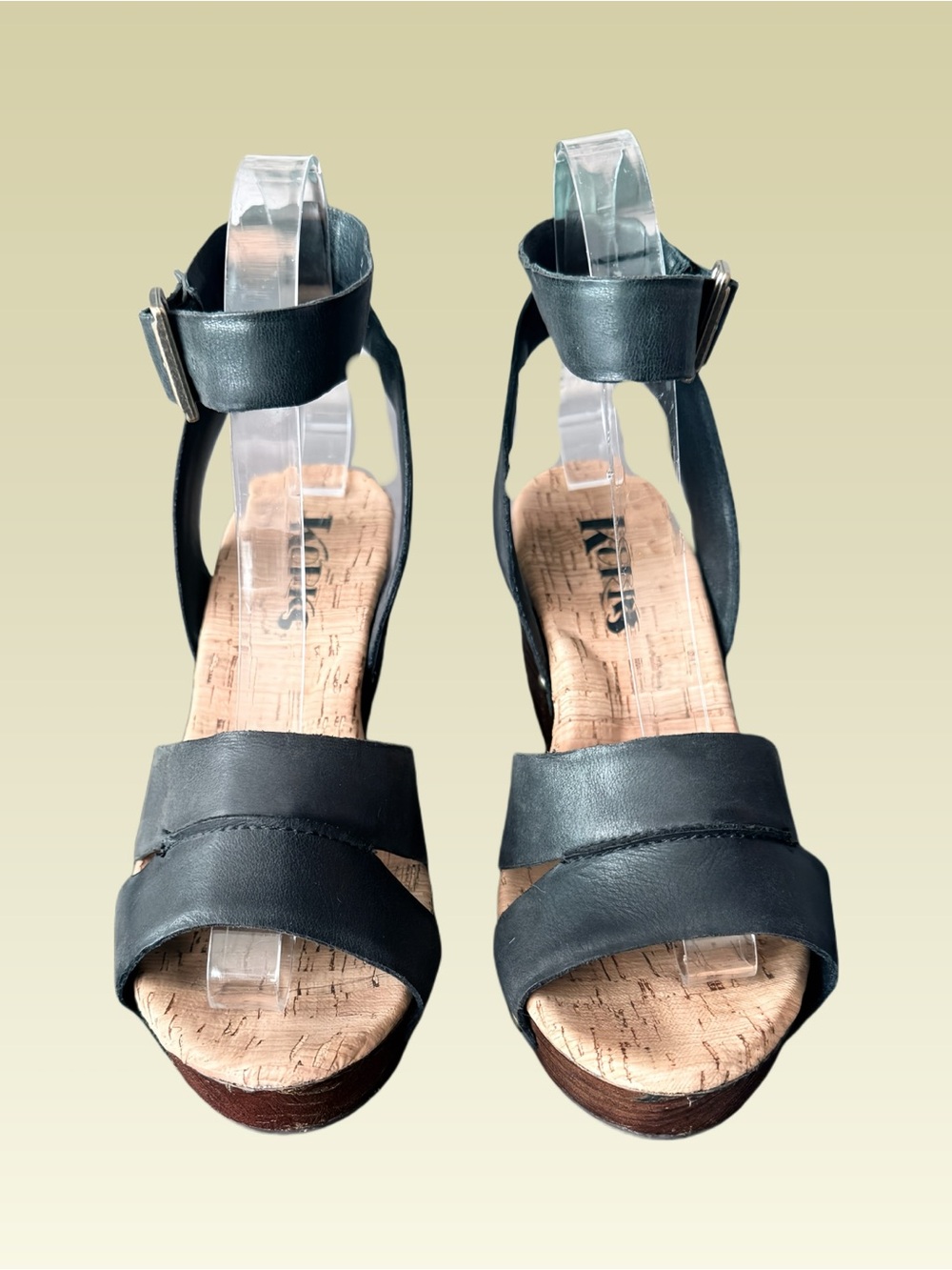 Korks Mia Black Leather Platform Sandals, Ankle Strap Block Heel, Size 6M - Picture 5 of 11